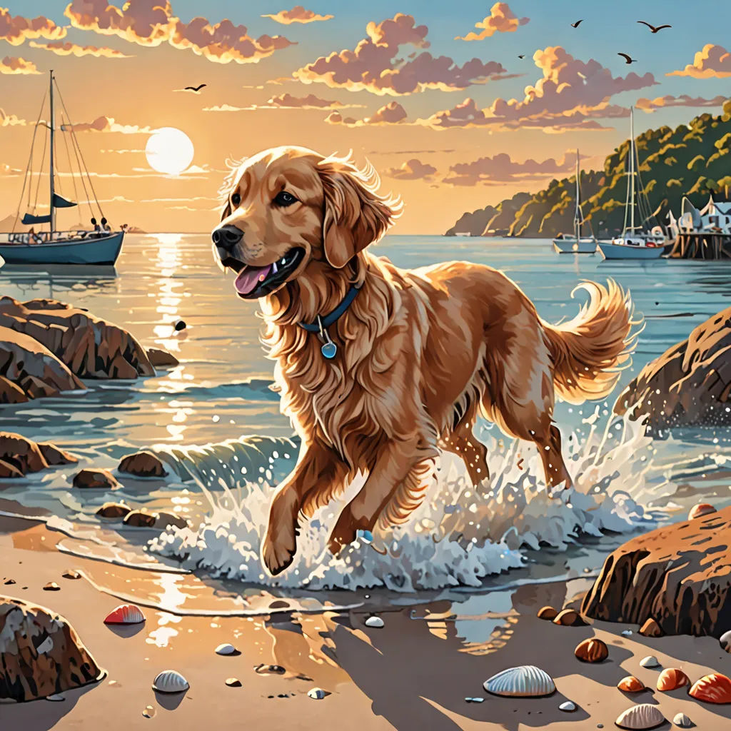 a dog running on the beach with a boat in the background and a sunset in the background with a boat in the water, american scene painting, a fine art painting, Edwin Georgi, highly detailed digital painting