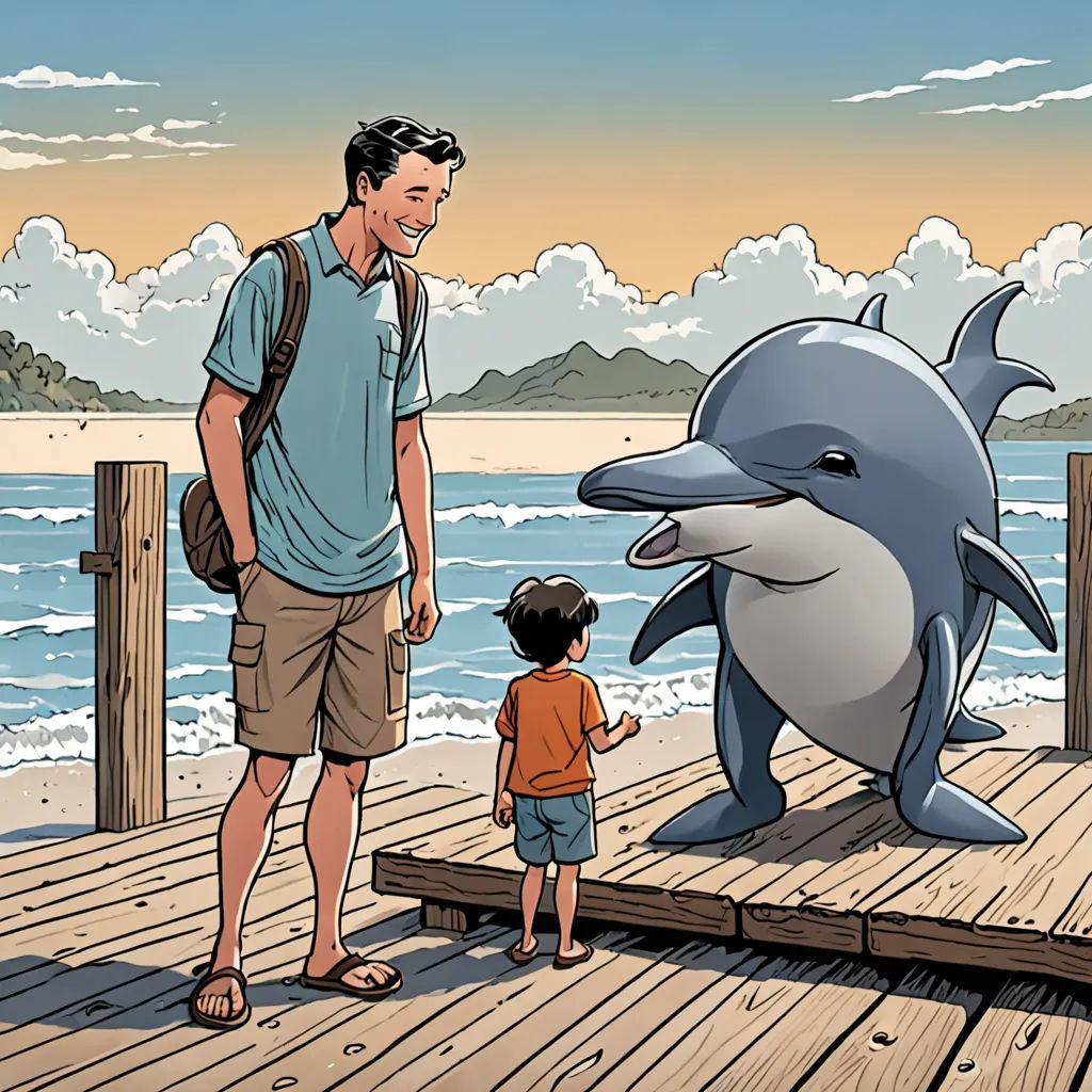 a man and a little boy standing on a pier next to a dolphin statue and a man looking at it, context art, a comic book panel, Asaf Hanuka, comic cover art