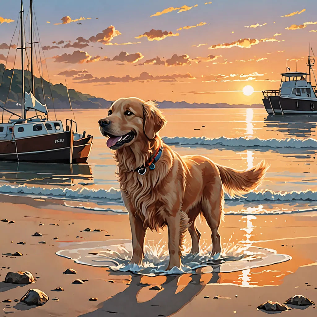 a dog standing on a beach next to a boat at sunset with a boat in the background and a person in the water, american scene painting, a fine art painting, Art Brenner, highly detailed digital painting