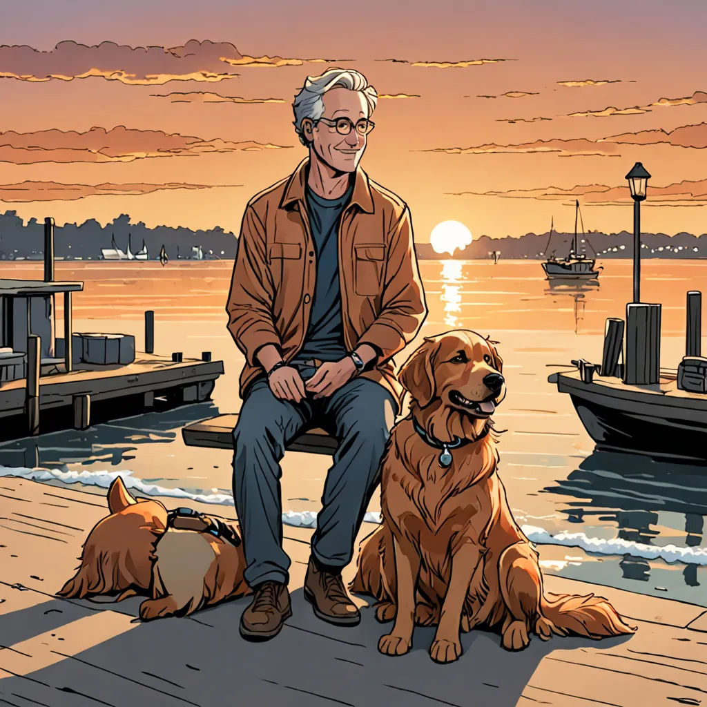 a man sitting on a bench next to a dog on a dock at sunset with a boat in the background, private press, a comic book panel, David Brewster, graphic novel