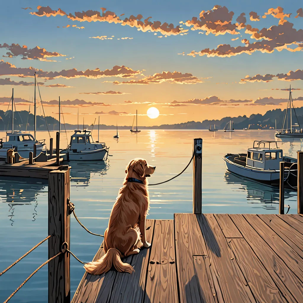 a dog sitting on a dock looking at the sunset over the water with boats in the water and a boat dock in the background, american scene painting, a fine art painting, Evgeny Lushpin, highly detailed digital painting