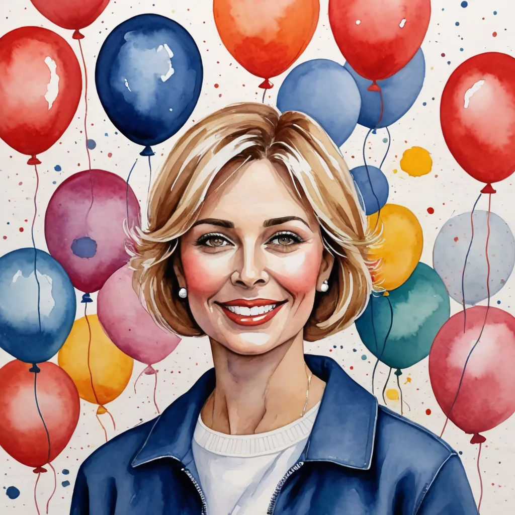 a painting of a woman with balloons in the background and a painting of a woman in the foreground, naive art, a watercolor painting, Alison Debenham, realistic portrait