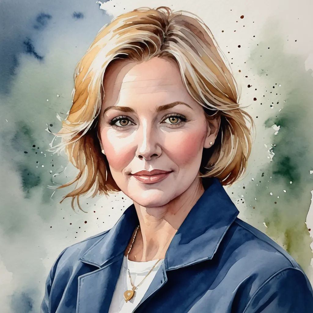 a painting of a woman with blonde hair and blue jacket on a white background with watercolor spots and a green spot, figurative art, a character portrait, Alison Debenham, realistic portrait