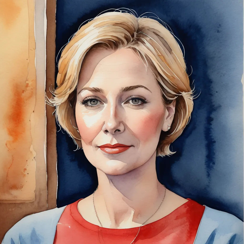 a painting of a woman with a red shirt and blue sweater on, looking out a window, with a blue background, figurative art, a watercolor painting, Alison Debenham, realistic portrait