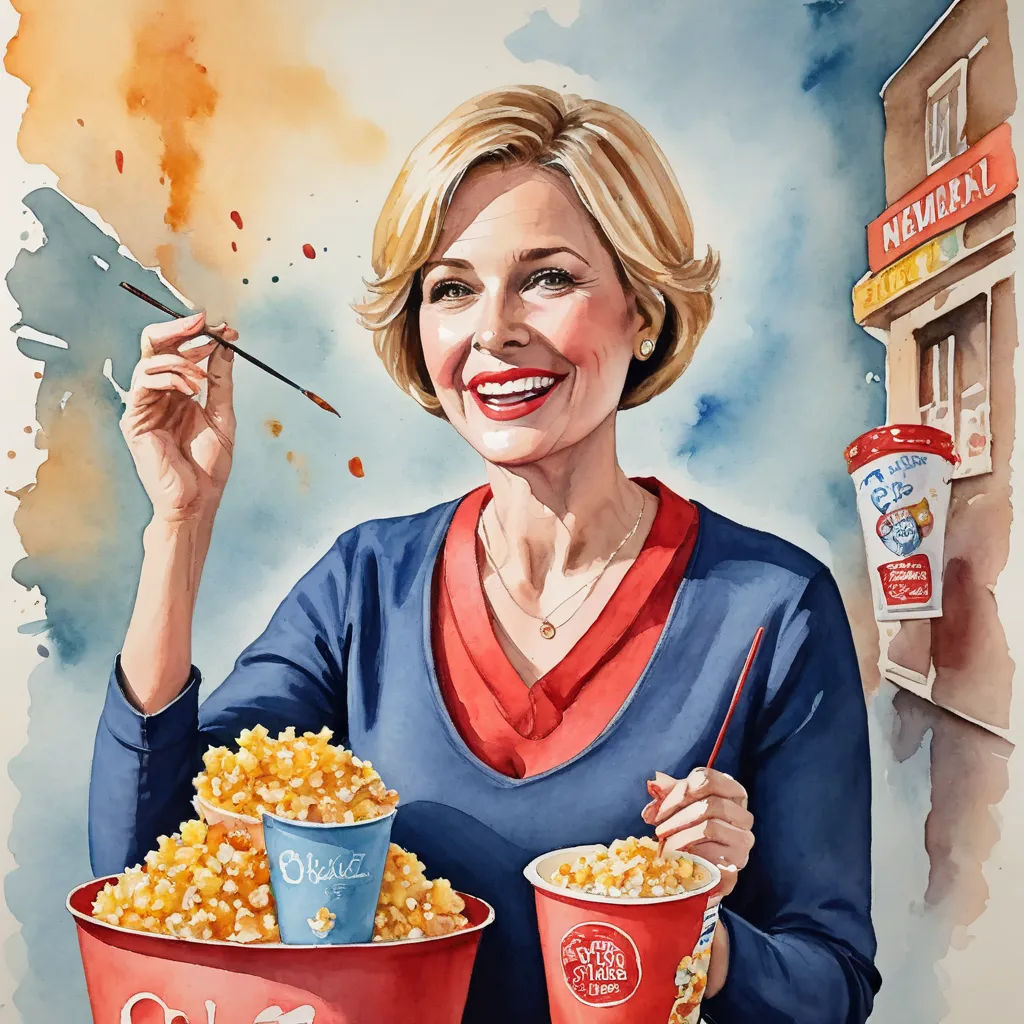 a painting of a woman holding a bowl of popcorn and a cup of popcorn with a spoon in her hand, hyperrealism, a photorealistic painting, Constance Copeman, ultra realistic illustration