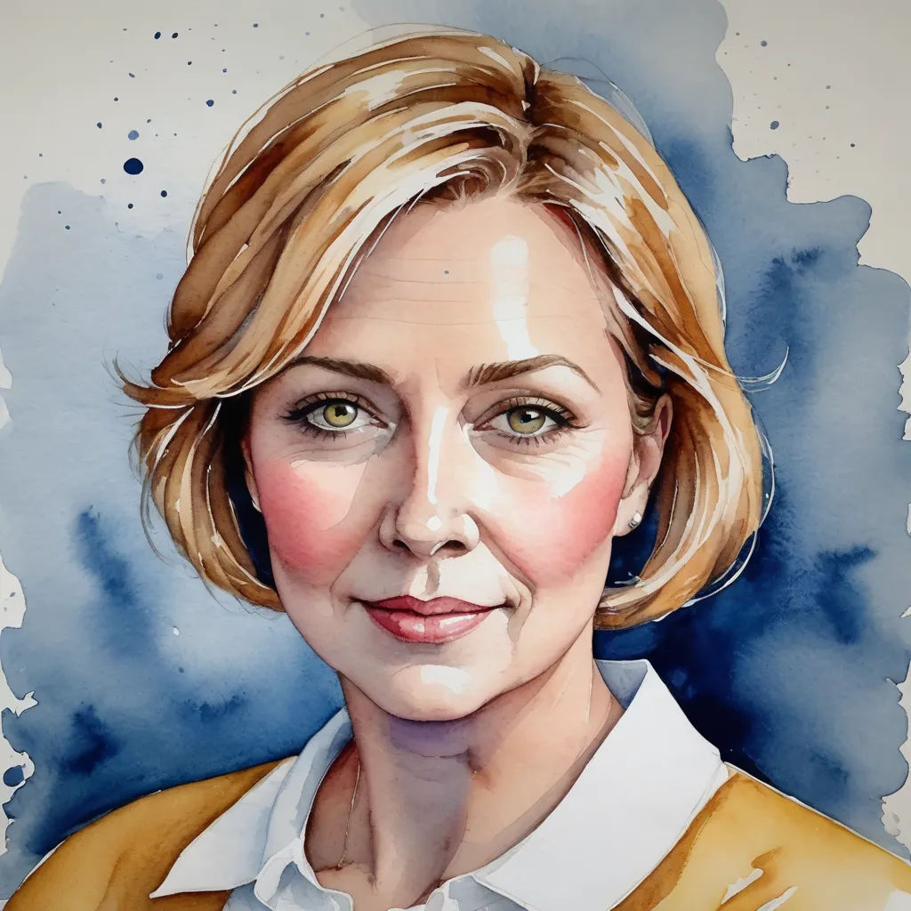 a painting of a woman with blonde hair and green eyes wearing a yellow jacket and white shirt and a blue background, arbeitsrat für kunst, a character portrait, Alison Debenham, realistic portrait