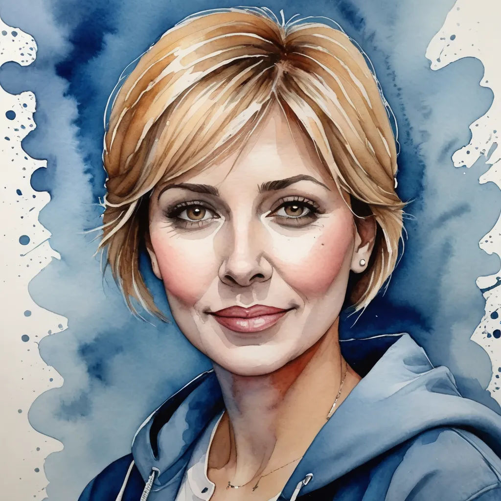 a painting of a woman with blonde hair and blue hoodie on a white background with blue watercolor stains, modern european ink painting, a watercolor painting, Alison Debenham, photorealistic portrait