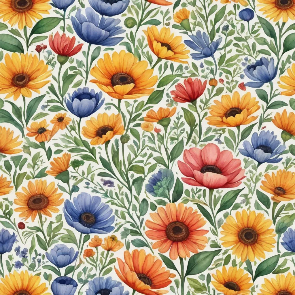 a colorful flower pattern with many different colors and sizes of flowers on a white background with green leaves and stems, arts and crafts movement, a flemish Baroque, Annabel Kidston, in gouache detailed paintings