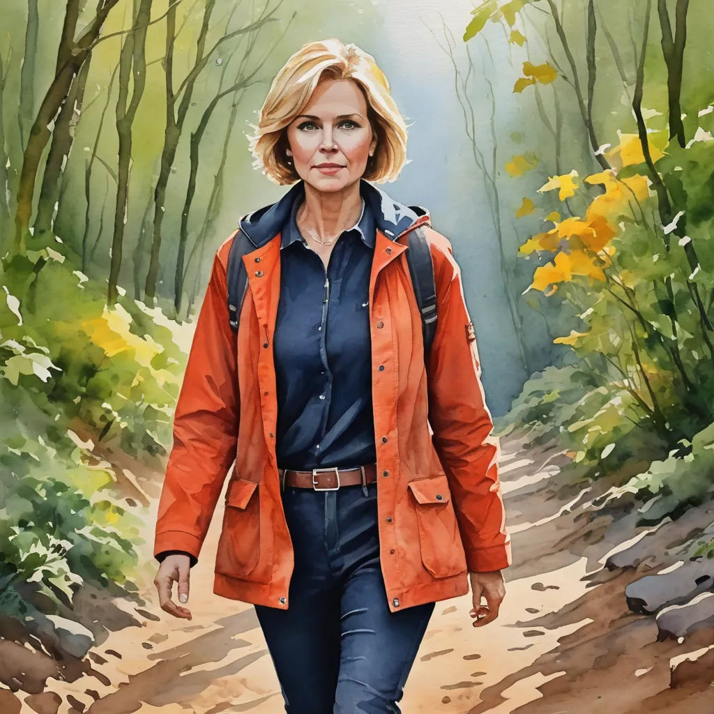 a painting of a woman walking down a path in the woods with a backpack on her back and a dog on her leash, figurative art, a fine art painting, Eugeen Van Mieghem, promotional image