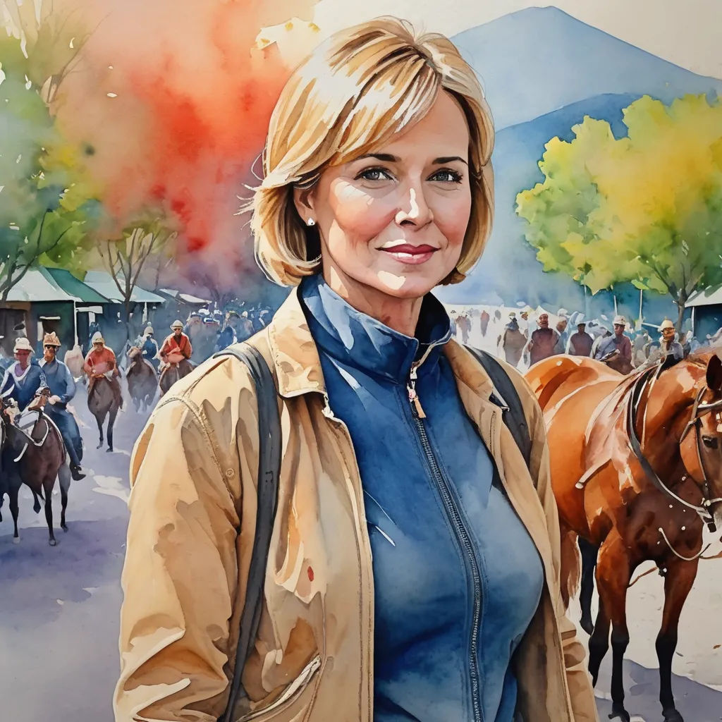 a painting of a woman standing next to a horse in a crowd of people on horseback in the background, figurative art, a watercolor painting, Ancell Stronach, detailed painting