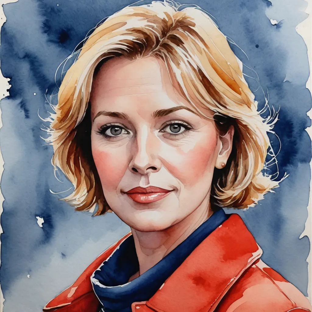 a painting of a woman in a red jacket and blue shirt with a red jacket on her shoulders and a blue tie around her neck, figurative art, a watercolor painting, Alison Debenham, detailed portrait