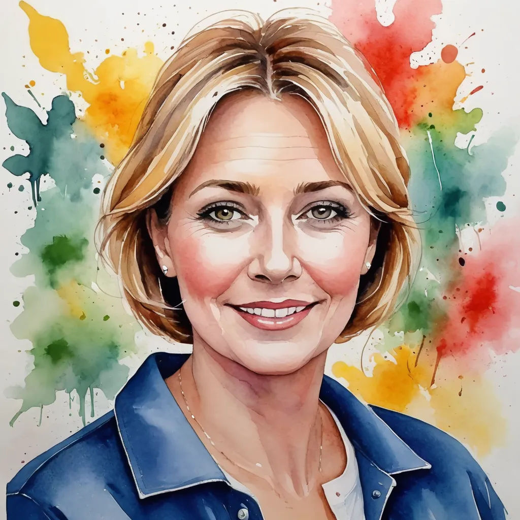 a painting of a woman with a blue shirt on and a watercolor splash behind her and a white background, art informel, an ultrafine detailed painting, Alison Debenham, photorealistic portrait