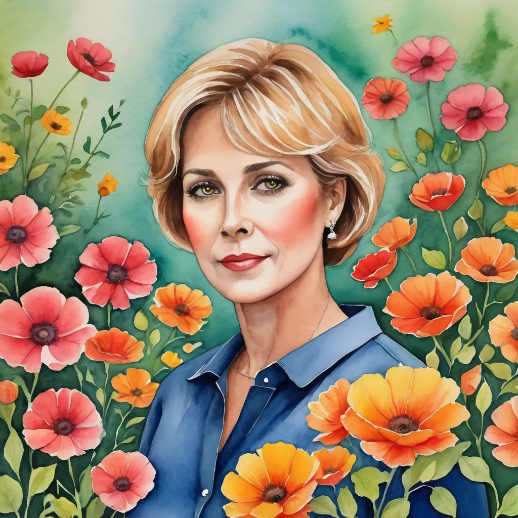a painting of a woman in a blue shirt surrounded by flowers and plants with a green background and a blue sky, metaphysical painting, a watercolor painting, Carol Sutton, realistic portrait