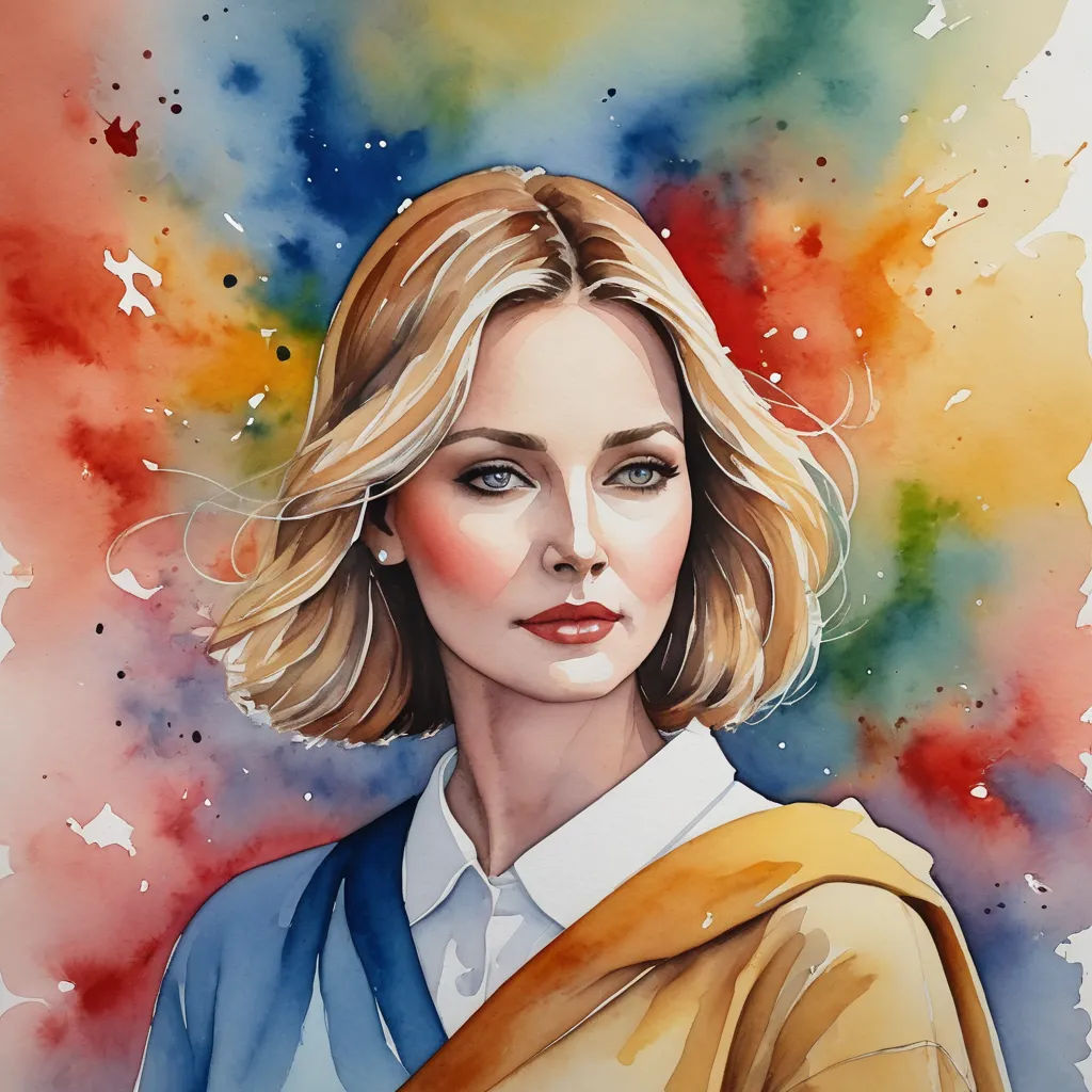 a painting of a woman with blonde hair and a yellow scarf on her shoulders and a blue shirt on her shoulders, figurative art, a watercolor painting, Anna Maria Barbara Abesch, watercolor