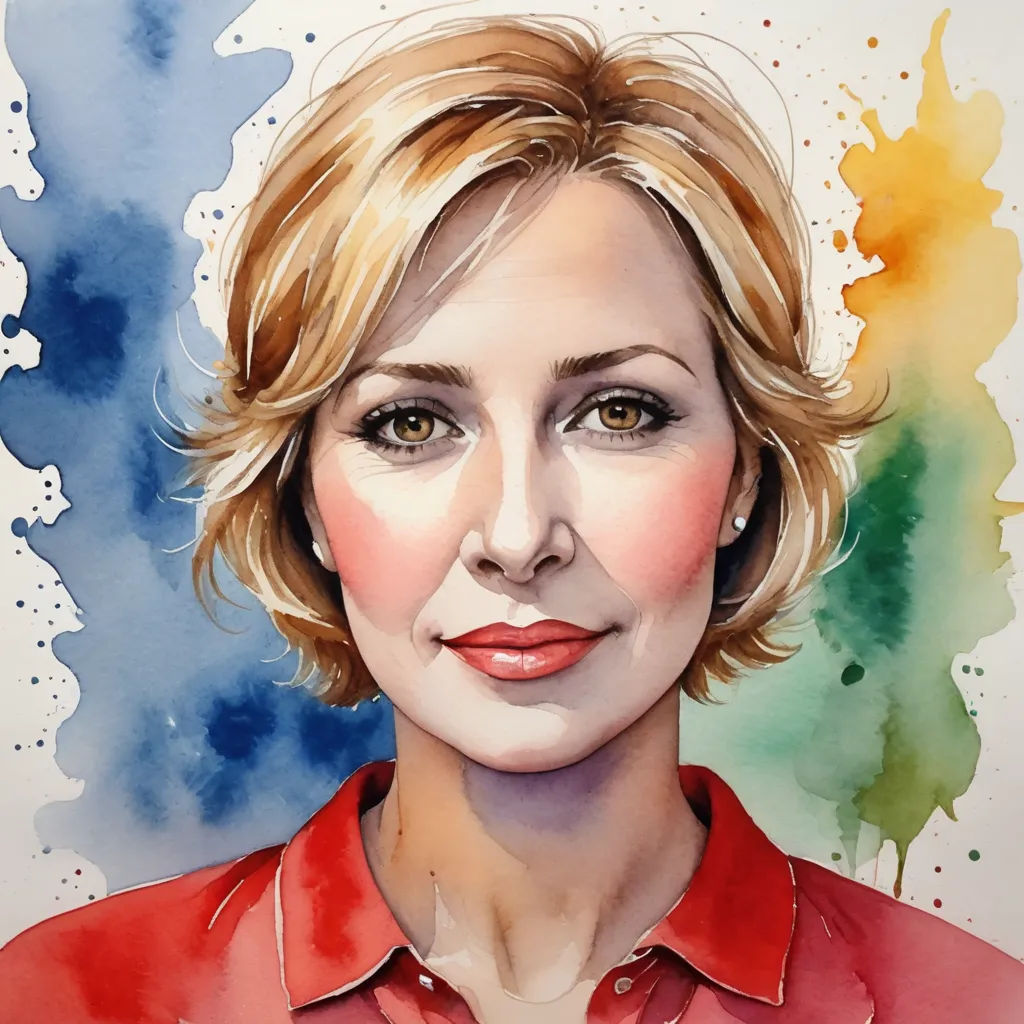 a painting of a woman with blonde hair and a red shirt on a white background with watercolor spots, modern european ink painting, a watercolor painting, Alison Debenham, realistic portrait