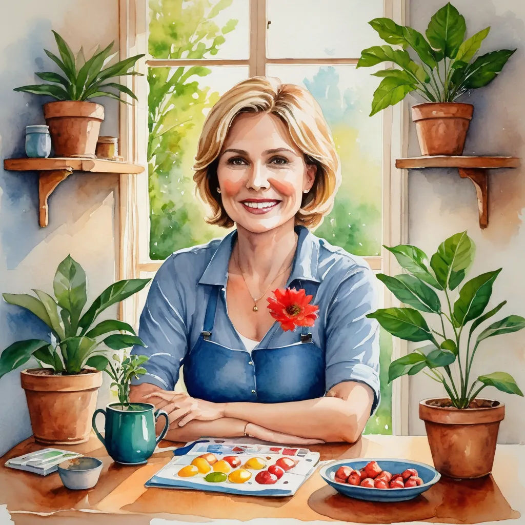 a painting of a woman sitting at a table with a plate of food and a potted plant in front of her, lyco art, a storybook illustration, Alison Debenham, promotional image