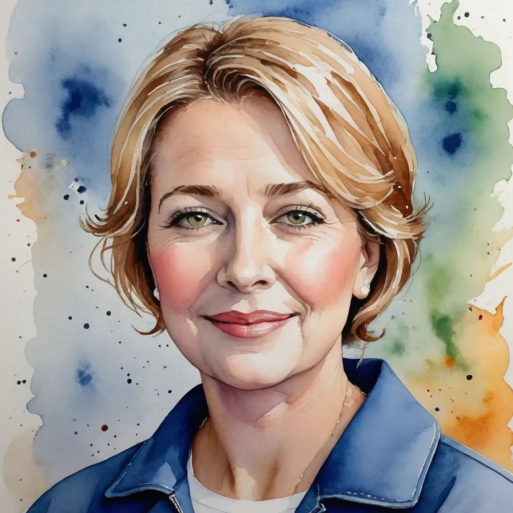 a painting of a woman with blonde hair and blue shirt on a white background with watercolor spots and a blue collared shirt, arbeitsrat für kunst, an ultrafine detailed painting, Alison Debenham, studio portrait
