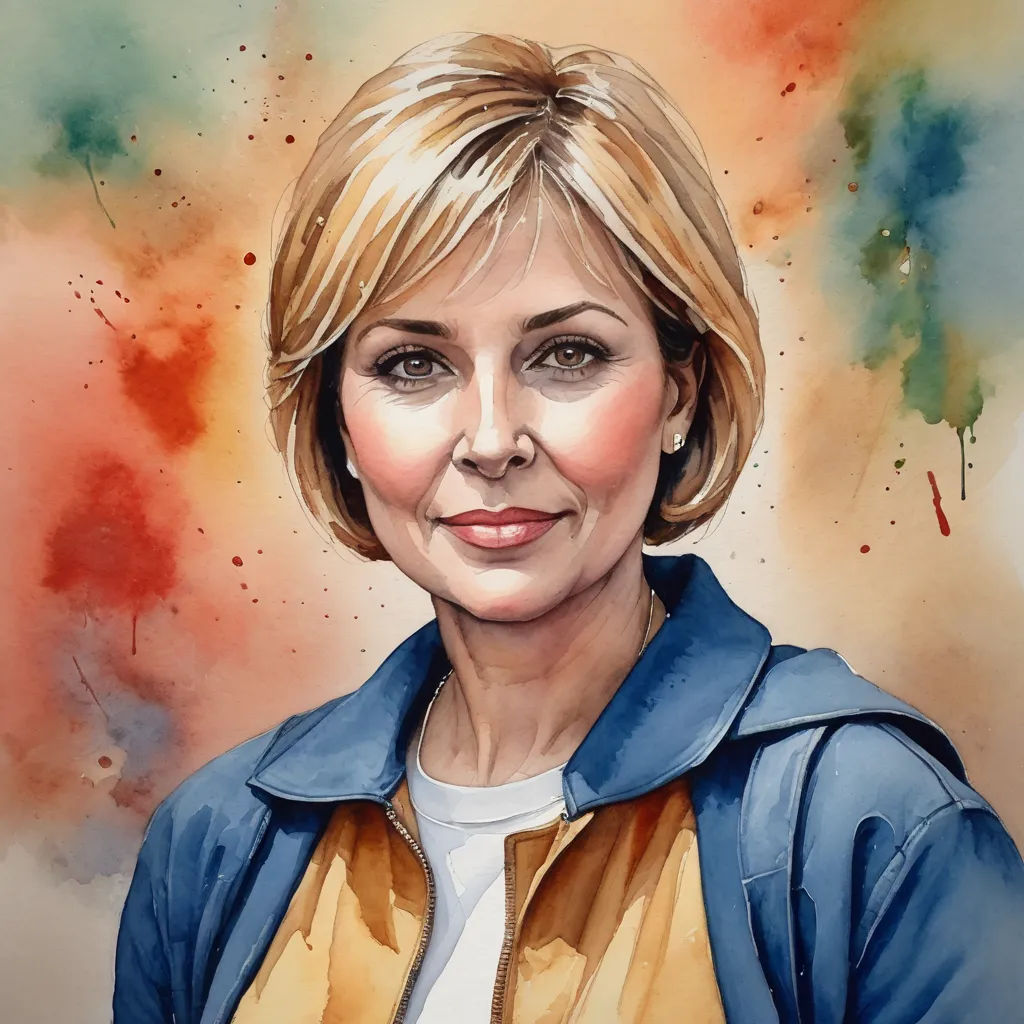 a painting of a woman with a blue jacket on and a yellow shirt on and a red and green background, figurative art, an ultrafine detailed painting, Alison Debenham, detailed portrait