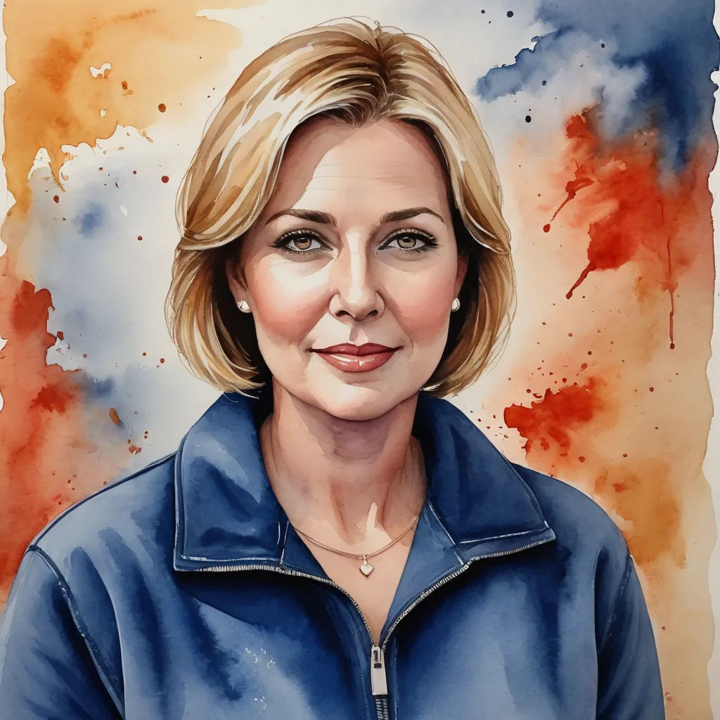a painting of a woman in a blue shirt and a red and blue background with watercolor stains on it, modern european ink painting, a watercolor painting, Alison Debenham, realistic portrait