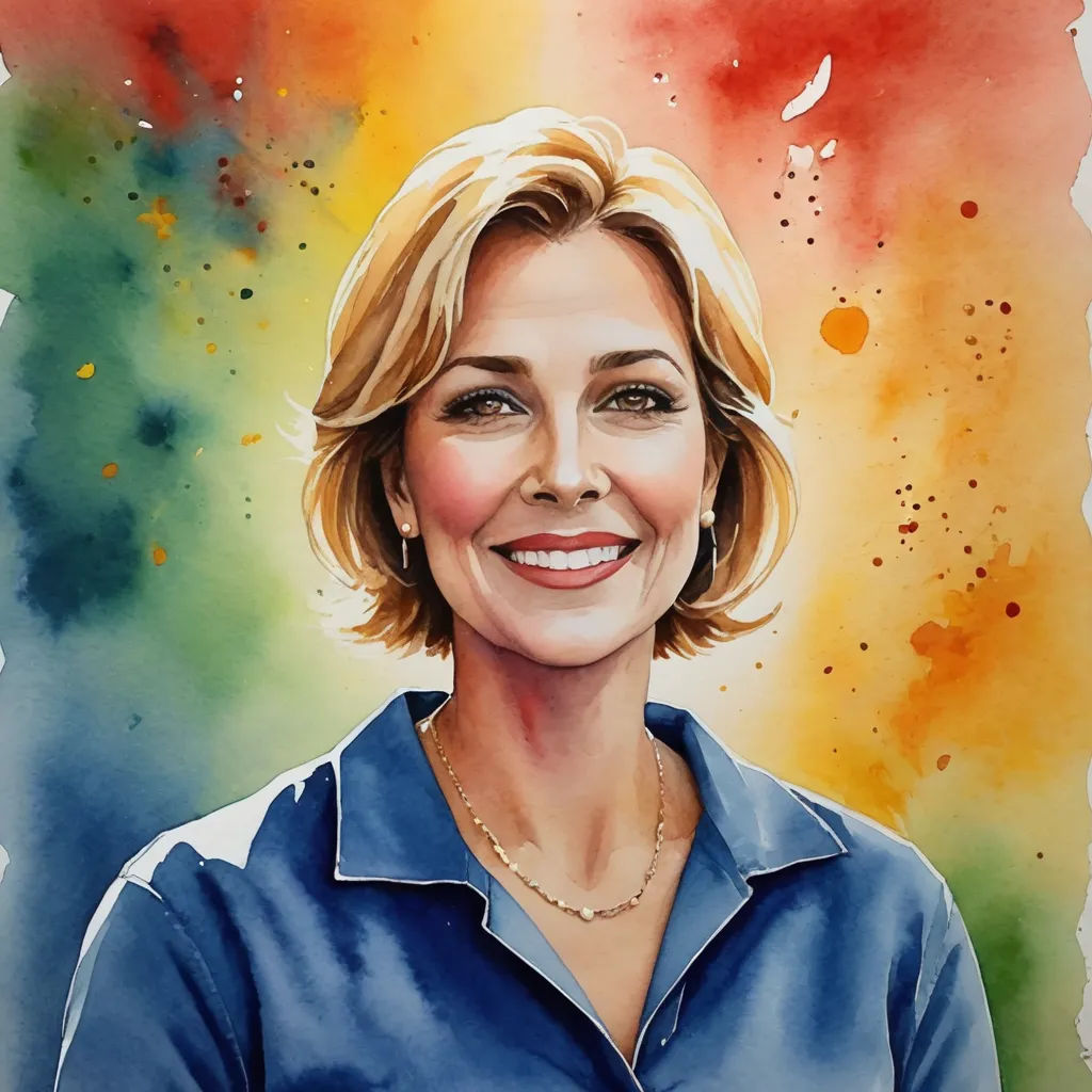 a painting of a woman smiling in front of a colorful background with watercolor stains and stains on it, modern european ink painting, a watercolor painting, Alison Debenham, watercolor