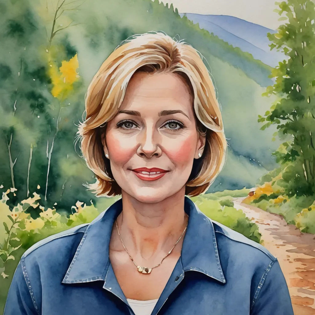 a painting of a woman in a blue shirt and a mountain scene behind her is a painting of a woman in a blue shirt, metaphysical painting, a photorealistic painting, Alison Debenham, realistic portrait