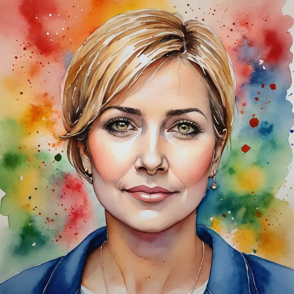 a painting of a woman with a blue jacket on and a necklace on her neck and a colorful background, arbeitsrat für kunst, a watercolor painting, Alison Debenham, realistic portrait