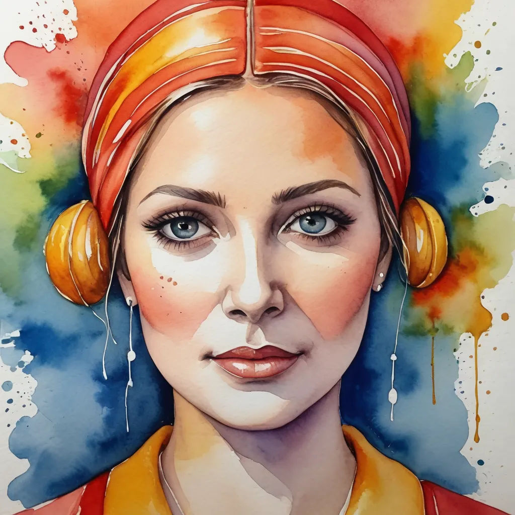 a painting of a woman with headphones on her head and a red shirt on her shoulders and a yellow shirt on her chest, figurative art, a watercolor painting, Elina Karimova, watercolor