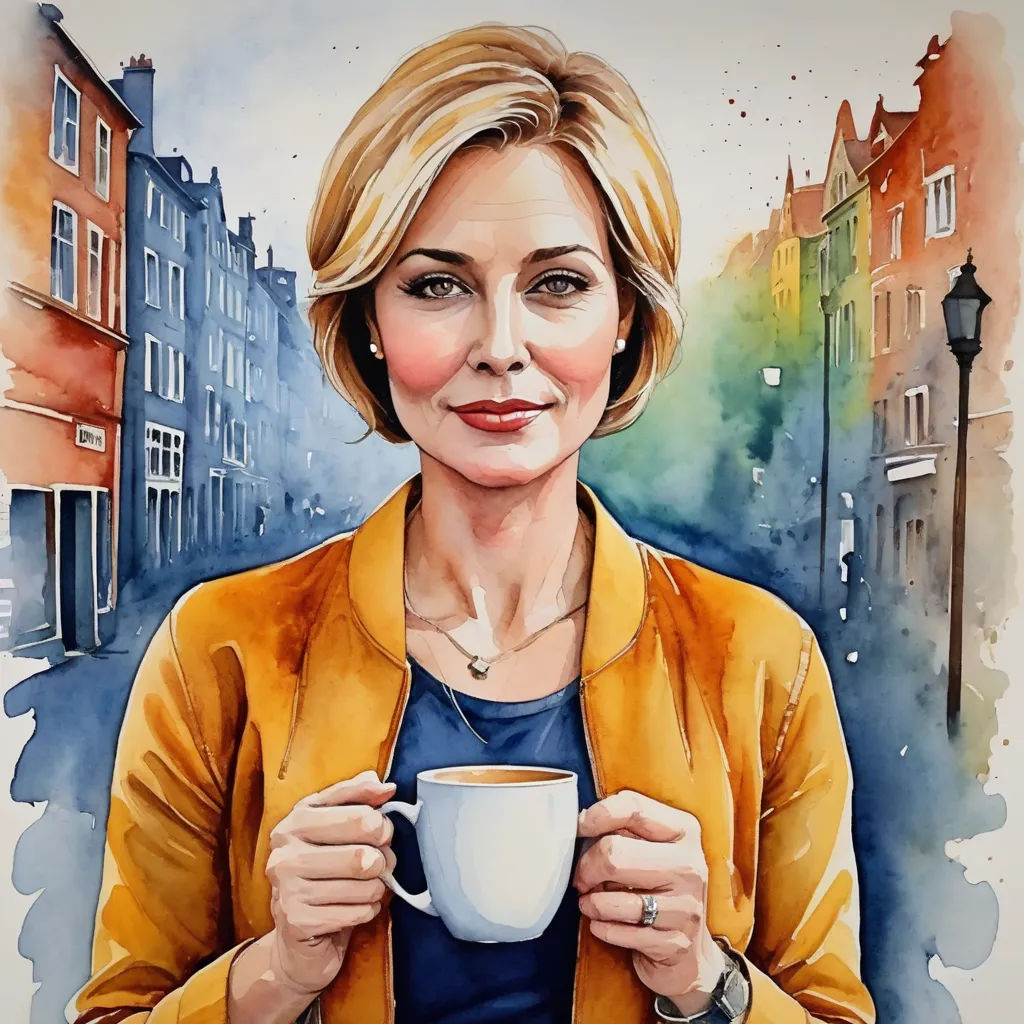 a painting of a woman holding a coffee cup in her hands and looking at the camera with a city in the background, modern european ink painting, a watercolor painting, Alison Debenham, watercolor