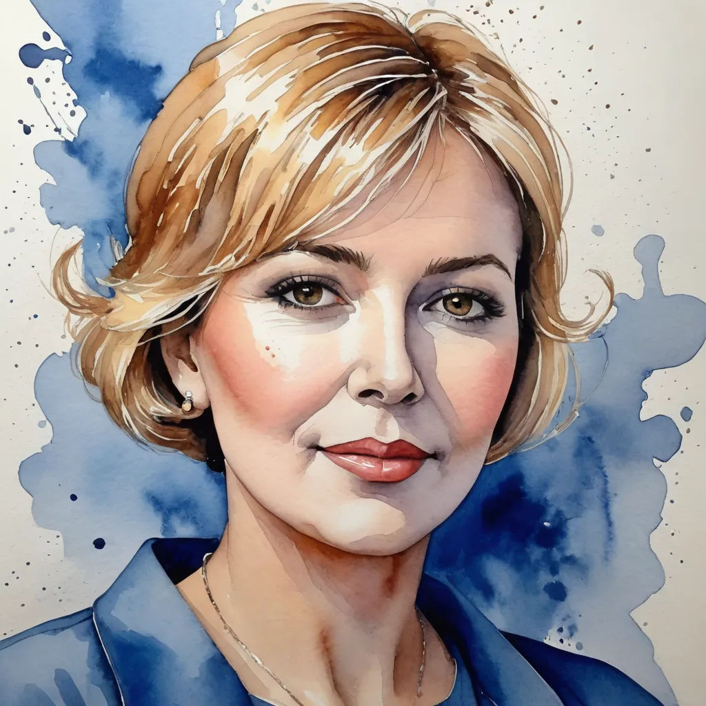 a painting of a woman with blonde hair and blue shirt on a white background with blue spots and watercolor stains, figurative art, a character portrait, Alison Debenham, realistic portrait