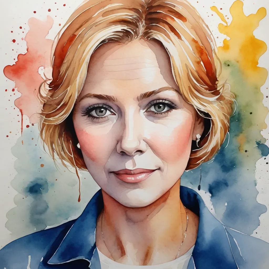 a painting of a woman with a blue jacket on and a red and yellow background with watercolor spots, figurative art, a watercolor painting, Alison Debenham, realistic portrait
