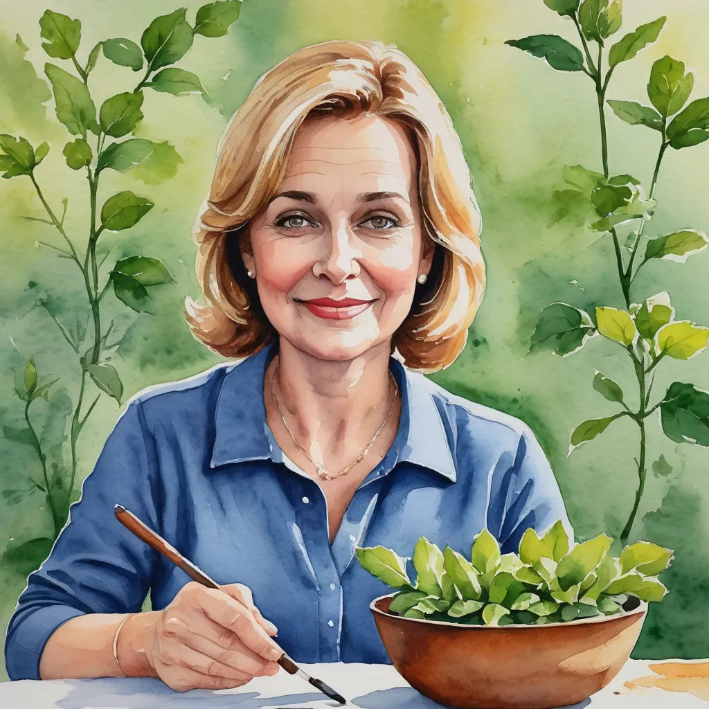 a painting of a woman sitting at a table with a bowl of plants and a knife in her hand, lyco art, a watercolor painting, Carol Sutton, in gouache detailed paintings