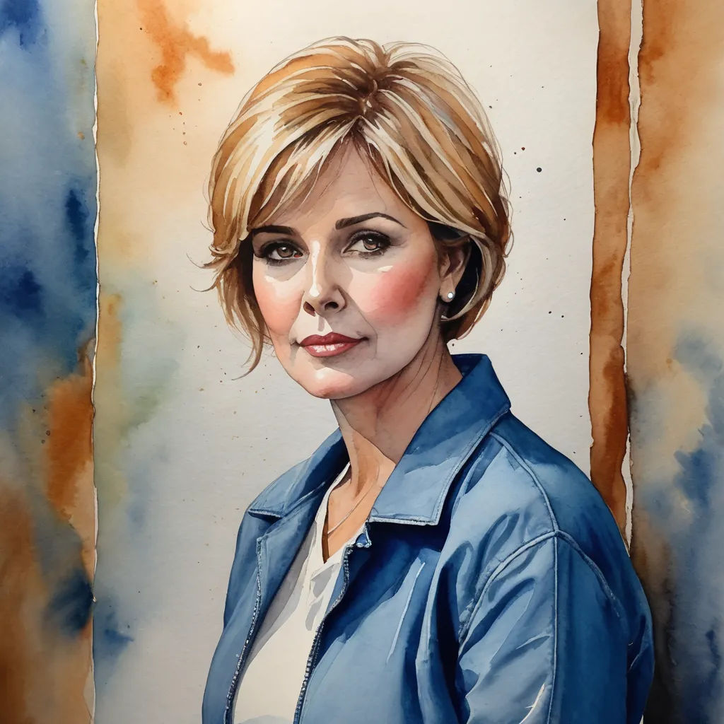 a painting of a woman in a blue jacket and white shirt with a blue jacket on her shoulders and a blue shirt on her chest, figurative art, a watercolor painting, Alison Debenham, realistic portrait