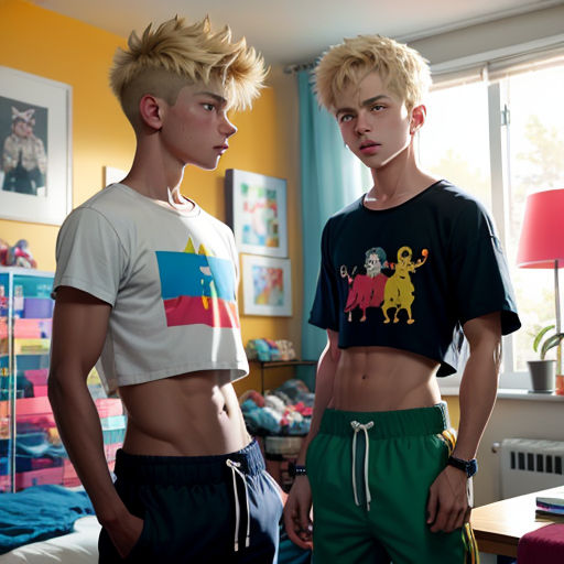 two young men standing in a bedroom next to a bed and a window with a yellow wall behind them