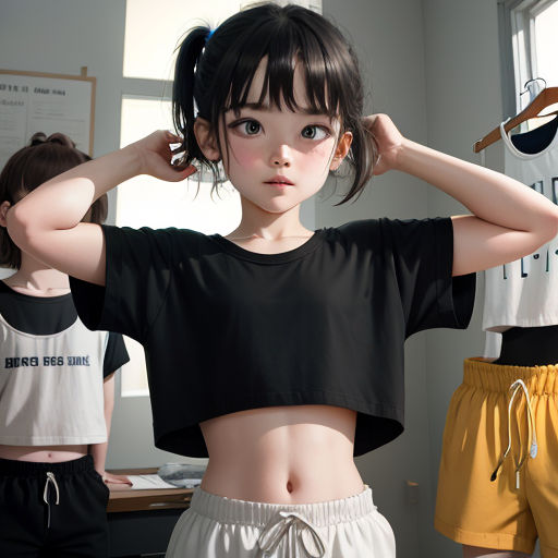 a young girl is standing in front of a mirror wearing a black shirt and yellow shorts and a black top
