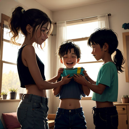 a woman and two children are playing with a box in a room with a window and a couch in the background
