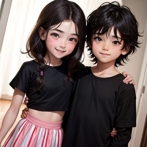 two young children standing next to each other in a room with a door open and a window behind them