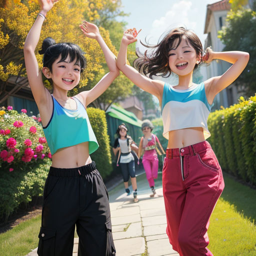 two young girls are dancing on a sidewalk in front of a house and a garden with flowers and bushes