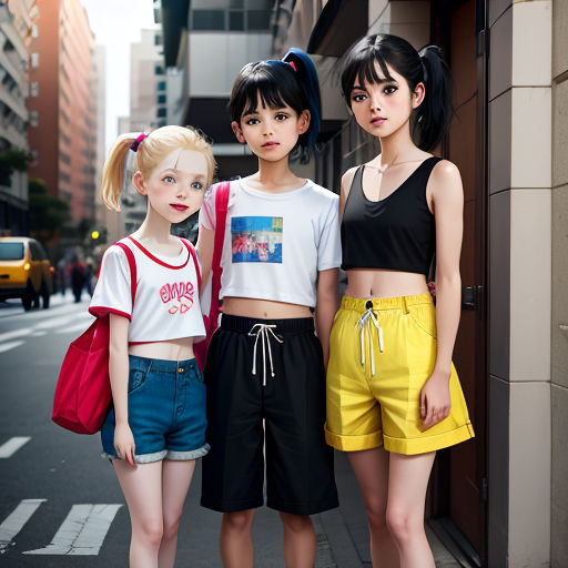 three girls standing on the side of a street next to a building and a yellow taxi cab in the background