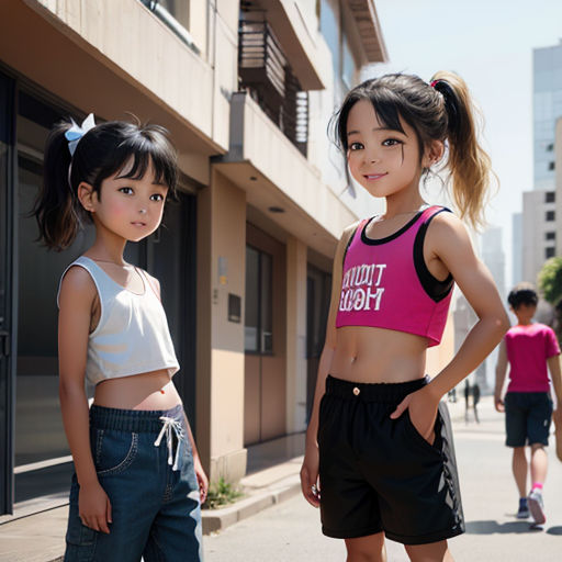 two young girls standing on a sidewalk in front of a building with a skateboard in front of them