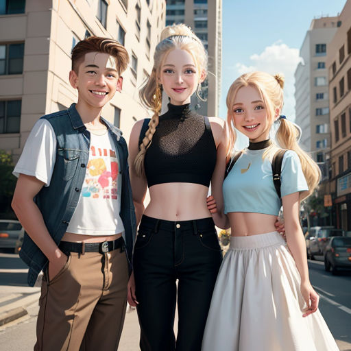 three people standing next to each other on a street corner with buildings in the background and a woman in a black top and a man in a white skirt and a black shirt