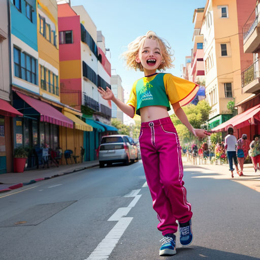 a young girl is riding a skateboard down the street in a colorful outfit and smiling at the camera