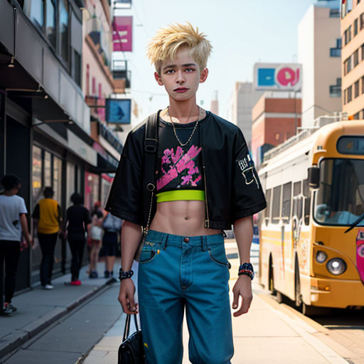 a man with a shirt on and a bag on a sidewalk next to a bus and a person with a handbag