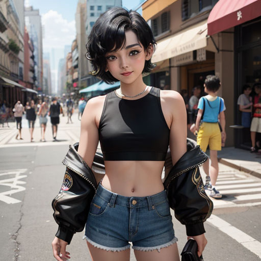 a woman in a crop top and denim shorts is standing on the street with her hands in her pockets