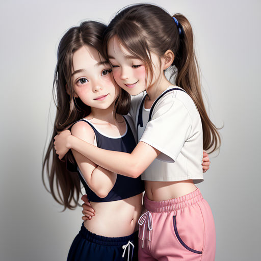 two young girls hugging each other in a studio photo with a white background and a gray backdrop behind them