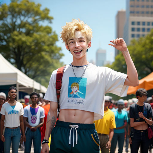 a man with a shirt on and a backpack on his shoulder standing in front of a crowd of people