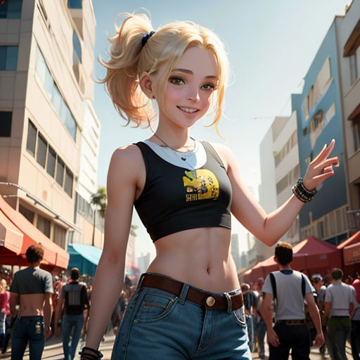 a woman in a black top and jeans is standing in the street with a crowd of people behind her