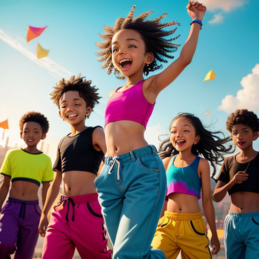 a group of young girls dancing together in a park with kites in the background and a blue sky