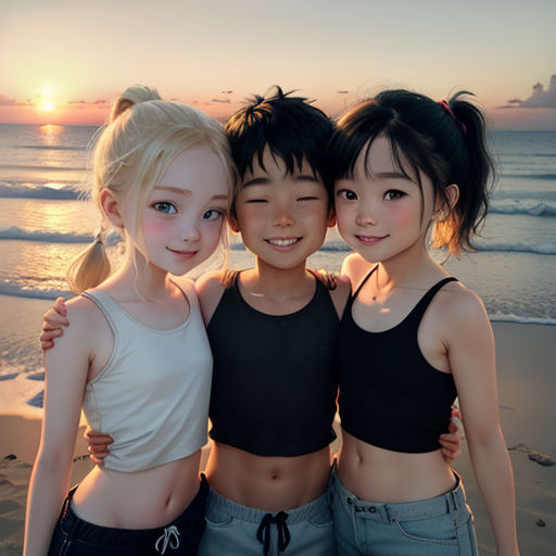 three young girls standing next to each other on a beach at sunset with the sun setting behind them and the ocean in the background
