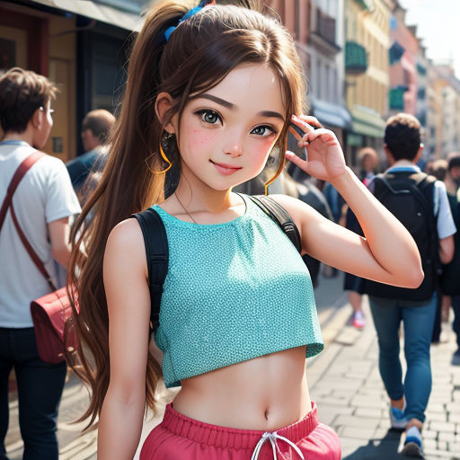 a girl in a crop top and shorts is posing for a picture on the street with people walking by