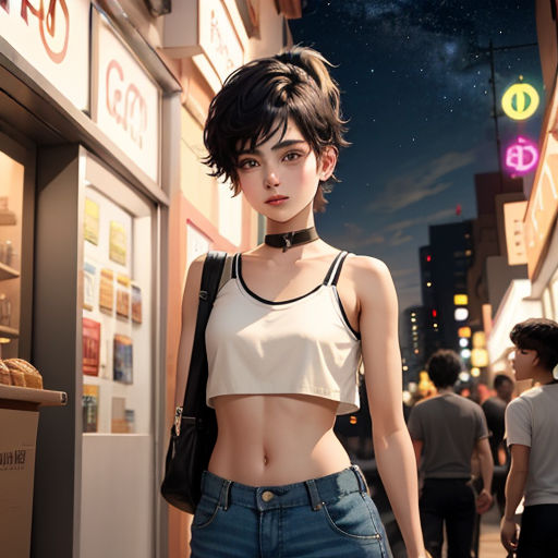 a woman in a crop top and jeans standing in front of a store front at night with people walking by